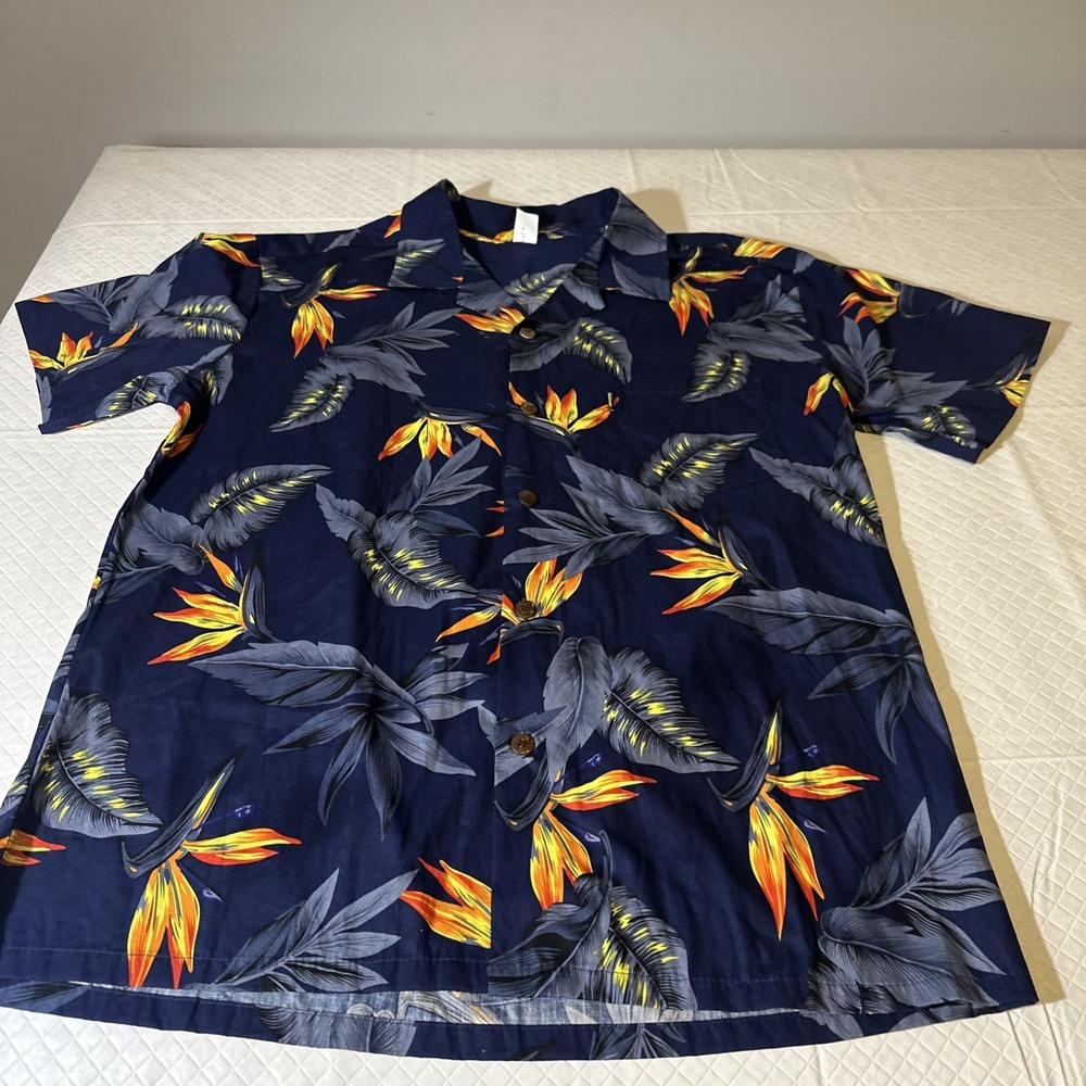 Palmwave Shirt Mens XL black Hawaiian Button Up Floral Palm Leaf Short Sleeve